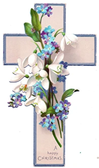 Victorian and Edwardian Christmas Cards Gallery: White and blue flowers on a cross-shaped Christmas card