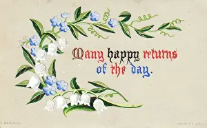 White and blue flowers on a hand-coloured birthday card