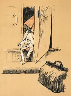 Bulldogs Prints: White bulldog puppy getting out of railway carriage