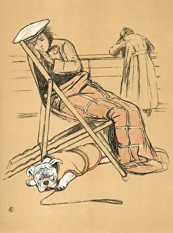 Huddling Prints: White bulldog puppy and Pammy on boat to Ostend