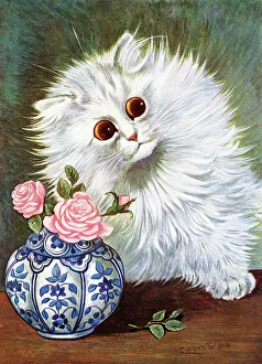 Wain Prints: White Cat and Roses by Louis Wain