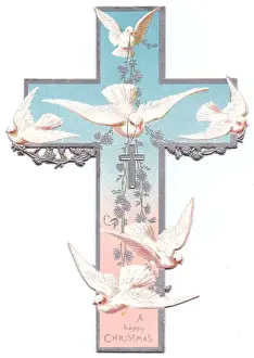 Doves Prints: White doves on a cross-shaped Christmas card