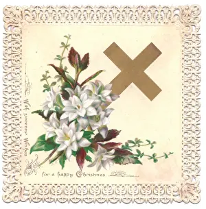 Fretwork Prints: White flowers and cross on a Christmas card