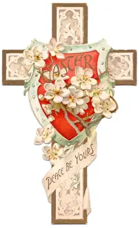 White flowers on a cross-shaped Easter card