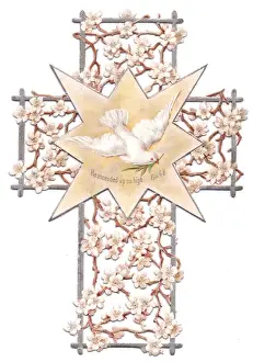 Doves Prints: White flowers and dove on a cross-shaped Easter card