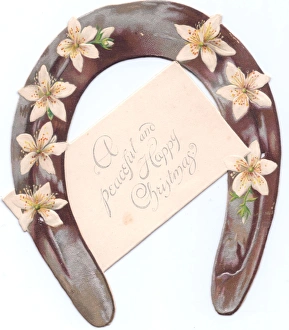 Images Dated 3rd December 2015: White flowers on a horseshoe-shaped Christmas card