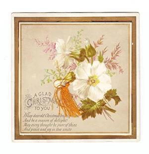 Tassel Collection: White flowers with orange tassel on a Christmas card