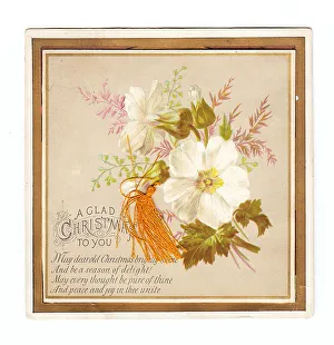 Tassel Collection: White flowers with orange tassel on a Christmas card