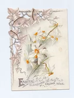 Daffodils Gallery: White flowers and silver bells on an Easter card