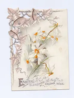 Narcissus Prints: White flowers and silver bells on an Easter card