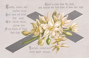 Verse Collection: White flowers and a silver cross on an Easter card