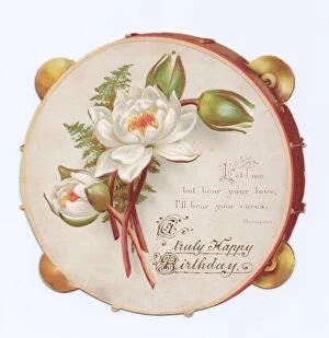 Lilies Gallery: White flowers on a tambourine-shaped birthday card