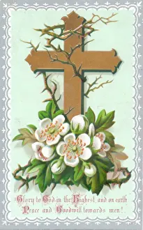 Thorn Prints: White flowers, thorns and a cross on a Christmas card