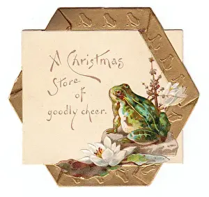 White lilies and frog on a hexagonal Christmas card
