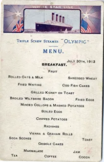 White Star Line, RMS Olympic - breakfast menu