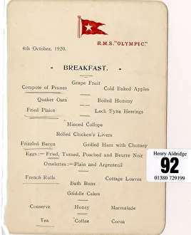 White Star Line, RMS Olympic - breakfast menu