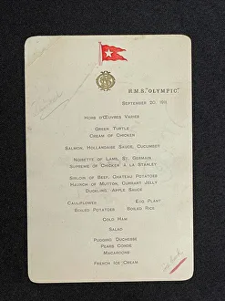 White Star Line, RMS Olympic, dinner menu card