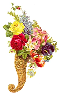 Lily Gallery: Wickerwork cornucopia with flowers on a Victorian scrap