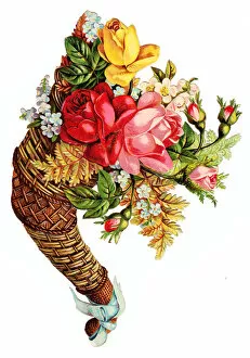 Images Dated 13th November 2015: Wickerwork cornucopia with flowers on a Victorian scrap