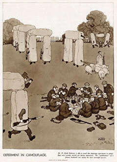 Unaware Collection: William Heath Robinson drawing showing soldiers unaware of the camouflaged famous Stonehenge