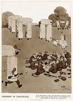 Manoeuvre Prints: William Heath Robinson drawing showing soldiers unaware of the camouflaged famous Stonehenge moving around in Wiltshire
