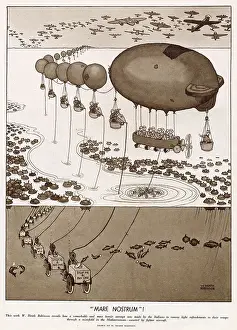 William Heath Robinson shows how a remarkable and most heroic attempt was made by the Italians to convoy fresh fish to their troops through a minefield in the Mediterranean escort by fighter aircraft. Date: 1941