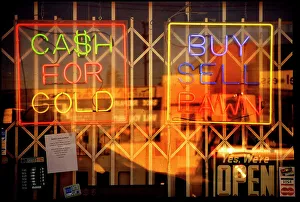 Pawn Prints: Window of Los Angeles pawn shop with neon