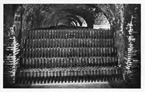 Cellars Prints: Wine bottles stored in a cellar, gathering dust