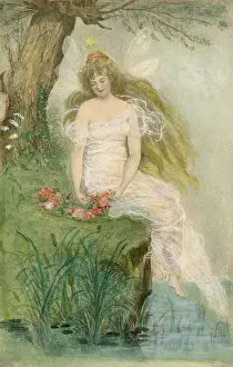 Winged fairy with a garland