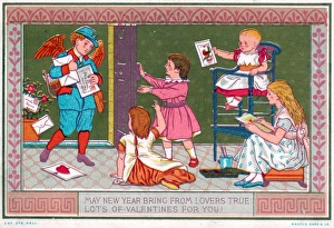 Winged postman with letters on a New Year card