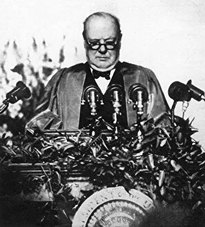 Speaking Gallery: Winston Churchill speaking at Fulton, Missouri