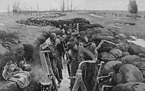 Winter 1915, flooded British trench by Matania, WW1