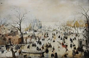 Skaters Collection: Winter Landscape with Ice Skaters, c. 1608, by Hendrick Aver