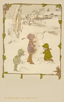 Snowballing Prints: Winter scene. Building a snowman