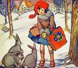 Saul Prints: Winter scene. Girl and rabbits