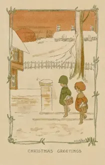 Winter scene. Girls with baskets