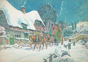 Winter scene with house horses and carriage snow