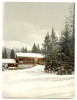 Grisons Prints: Winter scene with log structure, Grisons, Switzerland
