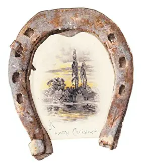 Rusty Prints: Winter scene and rusty horseshoe on a Christmas card