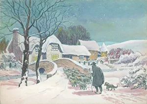 Winter scene with sheep and shepherd