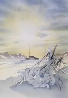 Winter sunrise over isolated cottage