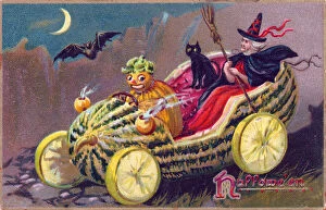 Witches Gallery: Witch, cat and chauffeur on a Halloween postcard