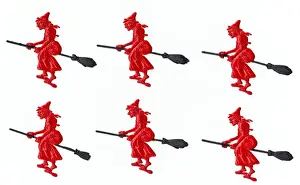 Witch Prints: Witches riding broomsticks on six Victorian scraps