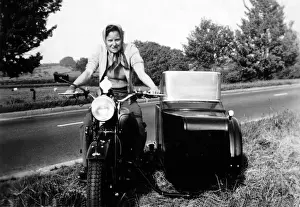 Bikes Prints: Woman on 1938 BSA motorcycle & sidecar