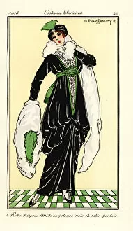 Woman in afternoon dress of black velvet and green satin