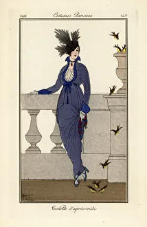 Images Dated 9th April 2019: Woman in afternoon dress and hat watching birds