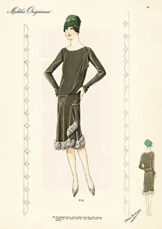 Woman in afternoon dress of velvet chiffon with Karakul wool tri