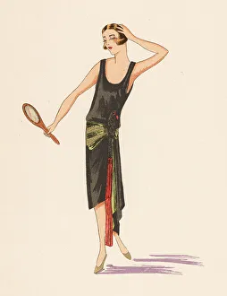 Worth Prints: Woman in an asymmetrical evening gown holding a mirror. 1924