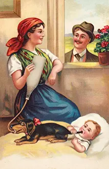 Woman and baby on a comic German greetings card