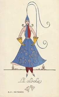 Handcoloring Prints: Woman in bell fancy dress costume, la cloche